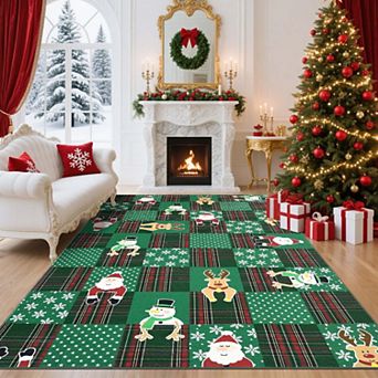 Soft Christmas Area Rugs with Santa and Deer Motifs Washable Non Slip Winter Holiday Carpet for