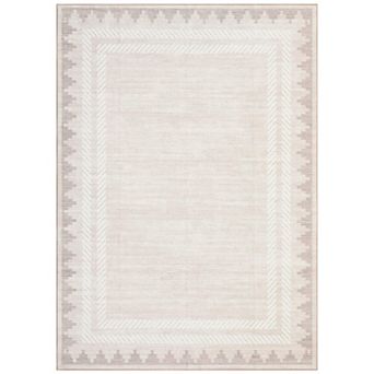 Beige Brown Rectangular Polyester Bedroom Living Room Dining Room Geometric Bordered Indoor