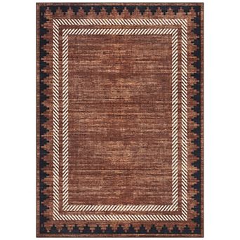 Beige Brown Rectangular Polyester Bedroom Living Room Dining Room Geometric Bordered Indoor