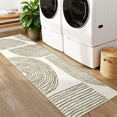 Green Polyester Rectangular Hallway Kitchen Laundry Bedroom Modern Abstract Soft Non Slip Machine