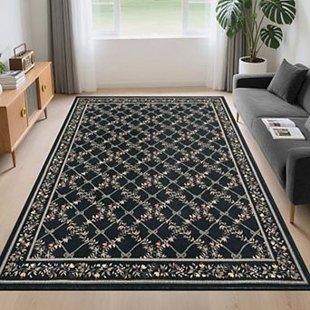 Modern Floral Diamond Printed Washable Area Rugs Ultra Soft Low Pile