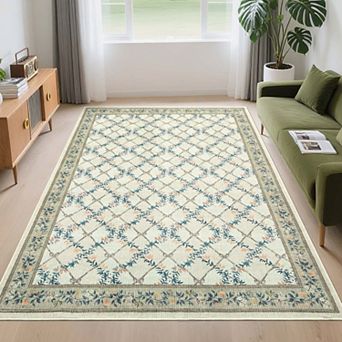 Modern Floral Diamond Printed Washable Area Rugs Ultra Soft Low Pile