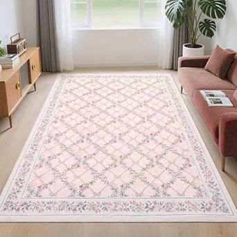 Modern Floral Diamond Printed Washable Area Rugs Ultra Soft Low Pile