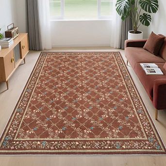 Modern Floral Diamond Printed Washable Area Rugs Ultra Soft Low Pile