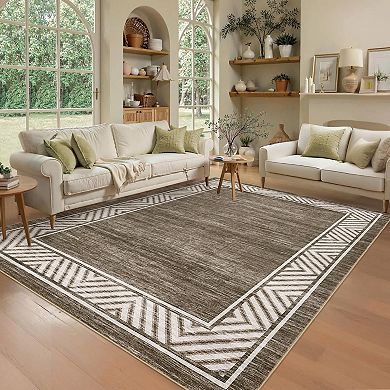 Beige Geometric Bordered Polyester Rectangular Living Room Dining Room Bedroom Indoor Modern