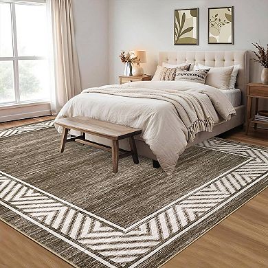 Beige Geometric Bordered Polyester Rectangular Living Room Dining Room Bedroom Indoor Modern