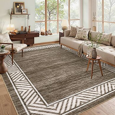 Beige Geometric Bordered Polyester Rectangular Living Room Dining Room Bedroom Indoor Modern