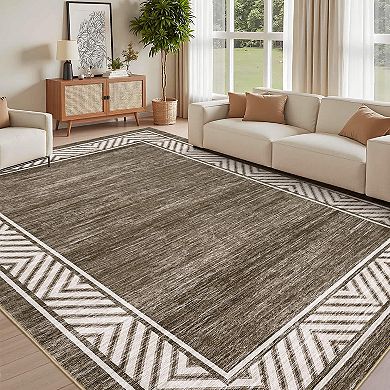 Beige Geometric Bordered Polyester Rectangular Living Room Dining Room Bedroom Indoor Modern