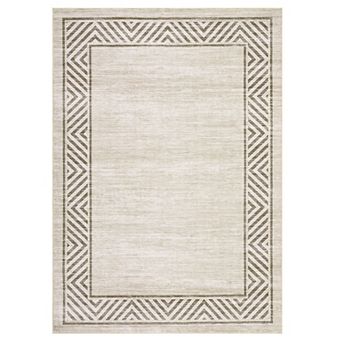 Beige Geometric Bordered Polyester Rectangular Living Room Dining Room Bedroom Indoor Modern