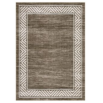 Beige Geometric Bordered Polyester Rectangular Living Room Dining Room Bedroom Indoor Modern