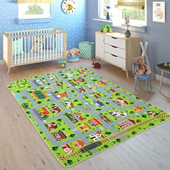 Non Slip Gray City Map Educational Area Rugs for childs Playroom Round Road and Traffic Design