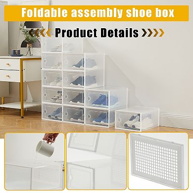 Clear Collapsible Shoe Storage Boxes, Stackable Plastic Organizer Bins for Closet Shoes, 12/15 Pack