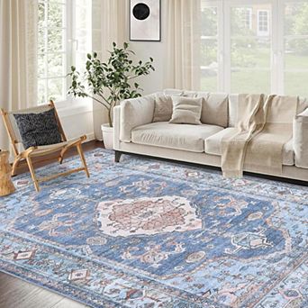 10x13 Area Rugs Machine Washable Stain Resistant Pet Friendly Vintage Floral Medallion Non