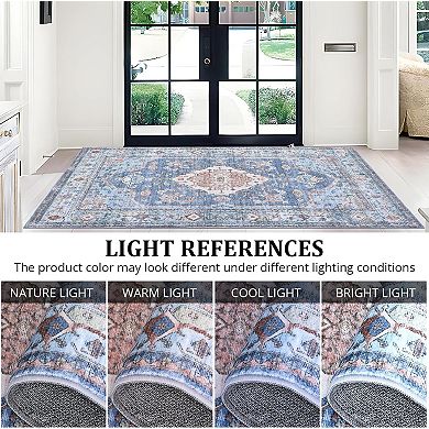 10x13 Area Rugs Machine Washable Stain Resistant Pet Friendly Vintage Floral Medallion Non