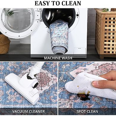 10x13 Area Rugs Machine Washable Stain Resistant Pet Friendly Vintage Floral Medallion Non