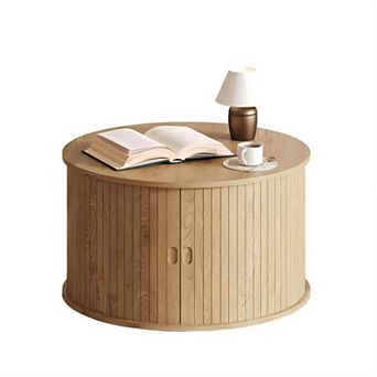 Mid Century Modern Round Coffee Table with Storage and Sliding Tambour Door