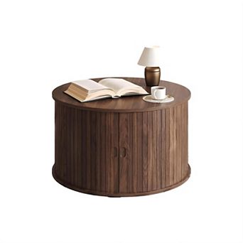 Mid Century Modern Round Coffee Table with Storage and Sliding Tambour Door