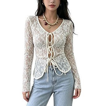 Women’s Sheer Floral Lace Tie-Front Cardigan Long Sleeve Sheer Cropped Cover-Up Top Lace Blouse