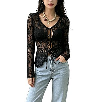 Women’s Sheer Floral Lace Tie-Front Cardigan Long Sleeve Sheer Cropped Cover-Up Top Lace Blouse