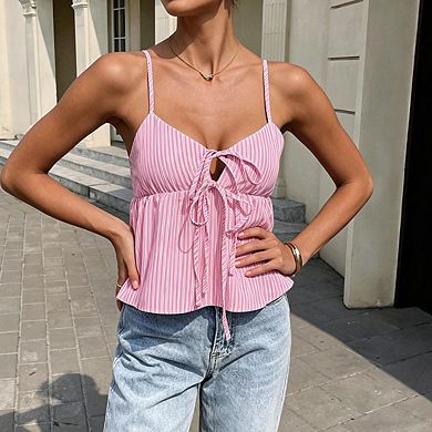 Women's Striped Tie Front Peplum Cami Top Spaghetti Strap Blouse Sleeveless Babydoll Summer Tank