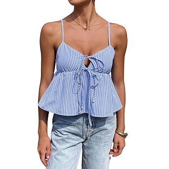 Women's Striped Tie Front Peplum Cami Top Spaghetti Strap Blouse Sleeveless Babydoll Summer Tank