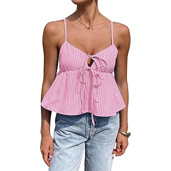 Women's Striped Tie Front Peplum Cami Top Spaghetti Strap Blouse Sleeveless Babydoll Summer Tank