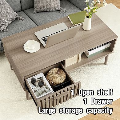 Modern Rectangular Coffee Table with Drawer and Open Storage Shelf for Living Room