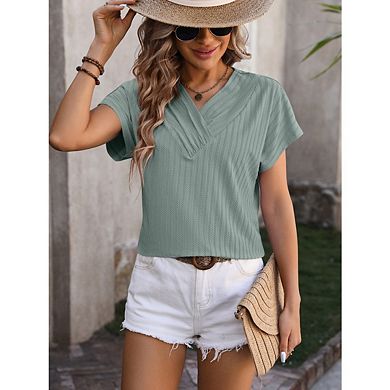 Women's Casual T Shirt, Summer Solid Color V Neck Chain Jacquard Short Sleeve Top