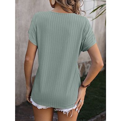 Women's Casual T Shirt, Summer Solid Color V Neck Chain Jacquard Short Sleeve Top