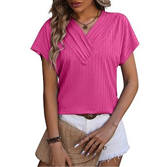 Women's Casual T Shirt, Summer Solid Color V Neck Chain Jacquard Short Sleeve Top
