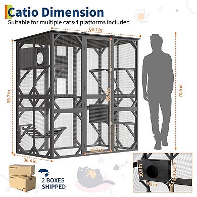70" Outdoor Cat Enclosure Large Walk-in Catio with Jumping Platforms, Resting Box & UV Resistant
