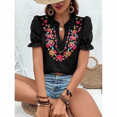 Women's Floral Embroidered Swiss Dot Blouse
