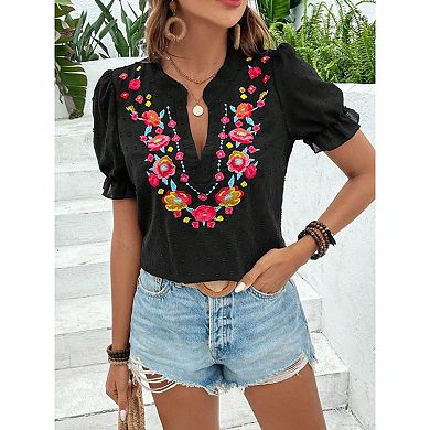 Women's Floral Embroidered Swiss Dot Blouse