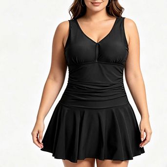 Women's Plus Size Floral Swim Dress, V Neck Ruched Skirted One Piece Swimsuit