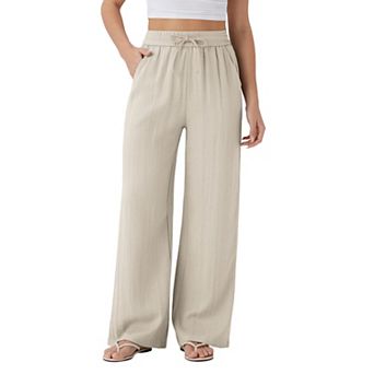 Women's High Waist Drawstring Wide Leg Casual Pants Elastic Waist Side Pocket Beach Trousers