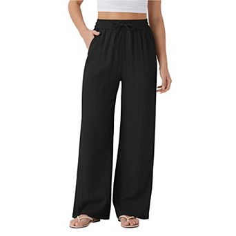 Women's High Waist Drawstring Wide Leg Casual Pants Elastic Waist Side Pocket Beach Trousers