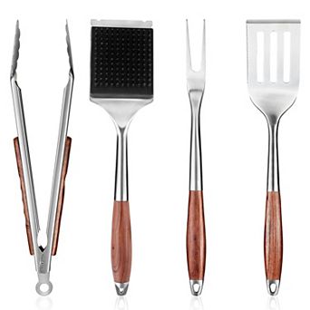 4 pc Stainless Steel BBQ Tools Set,Grilling Utensils with Natural Rosewood Handle for Outdoor