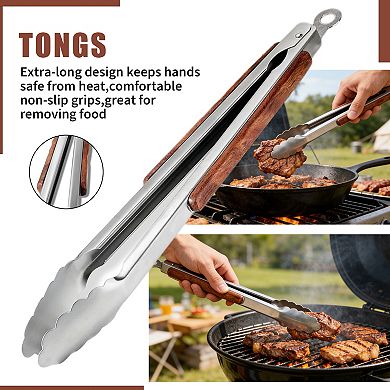 4pcs Stainless Steel BBQ Tools Set,Grilling Utensils with Natural Rosewood Handle for Outdoor