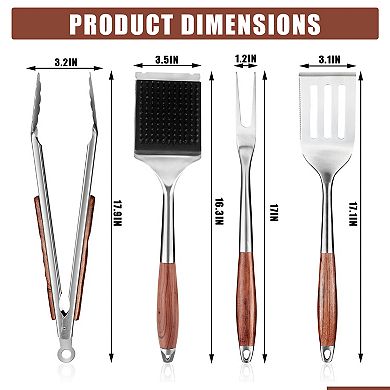 4pcs Stainless Steel BBQ Tools Set,Grilling Utensils with Natural Rosewood Handle for Outdoor