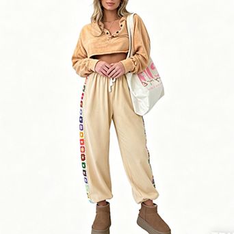 Womens Crochet Floral Side Stripe Joggers Summer Casual Relaxed Boho Sweatpants Loose Fit Long Pants