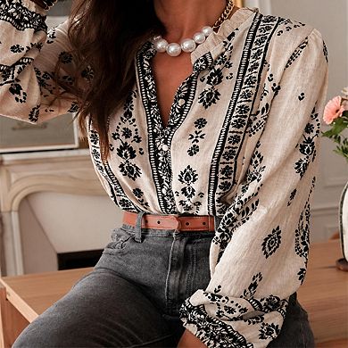 Women's Floral Print Ruffle Neck Blouse