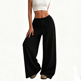 Women's Crinkle Gauze Drawstring Wide Straight Leg Long Pants Summer Casual Loose Fit Loungewear