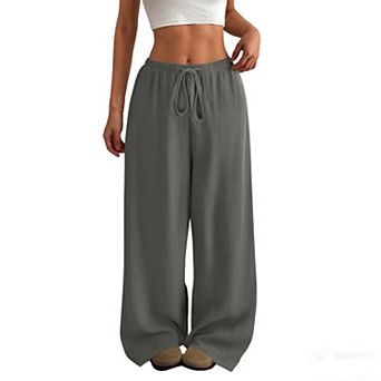 Women's Crinkle Gauze Drawstring Wide Straight Leg Long Pants Summer Casual Loose Fit Loungewear
