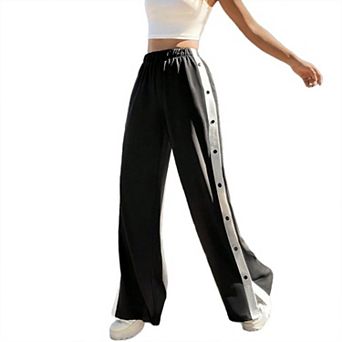 Women's High Waist Button Side Track Boho Long Pants Summer Wide Leg Casual Trousers