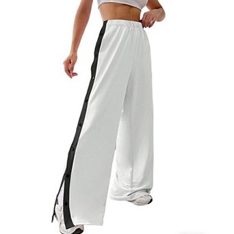 Women's High Waist Button Side Track Boho Long Pants Summer Wide Leg Casual Trousers