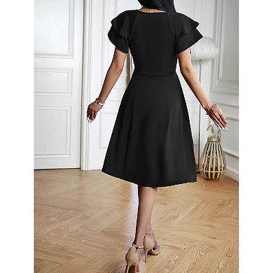 Women's V-Neck Ruffle Sleeve Midi Dress