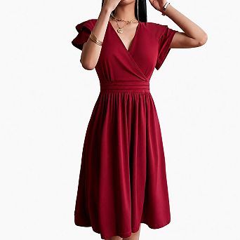 Women's V-Neck Ruffle Sleeve Midi Dress