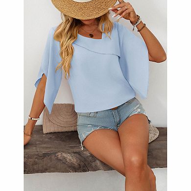Women's Asymmetrical Neck Flutter Sleeve Blouse