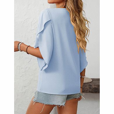 Women's Asymmetrical Neck Flutter Sleeve Blouse