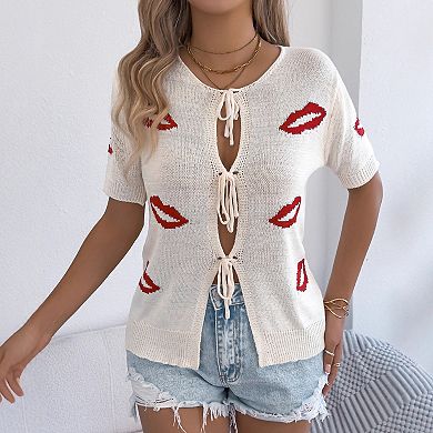 Women’s Jacquard Knit Top Tie-Front Keyhole Short Sleeve Valentine Sweater